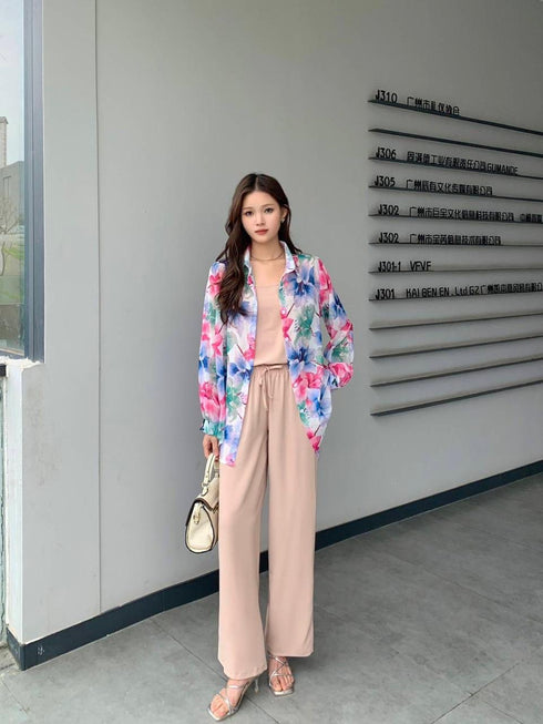 Summer Floral Shirts With Tang Tops and Trousers sets